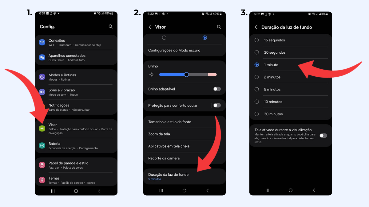Tela de como diminuir a duração da luz de fundo