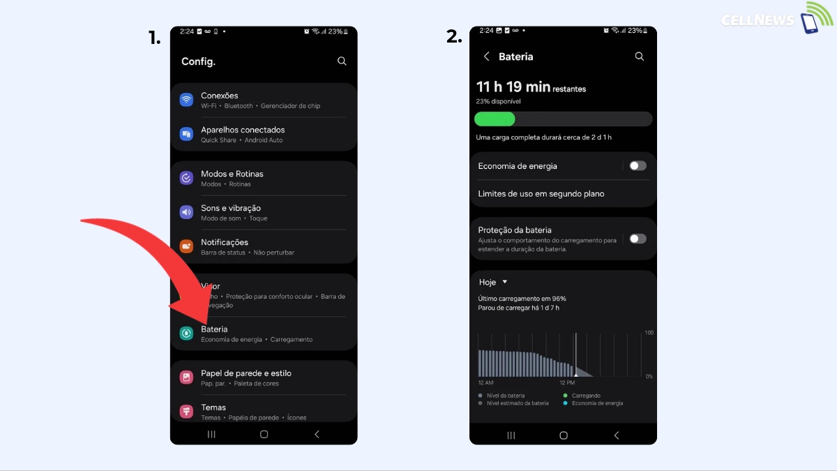 Tela de configurações mostrando a saude da bateria