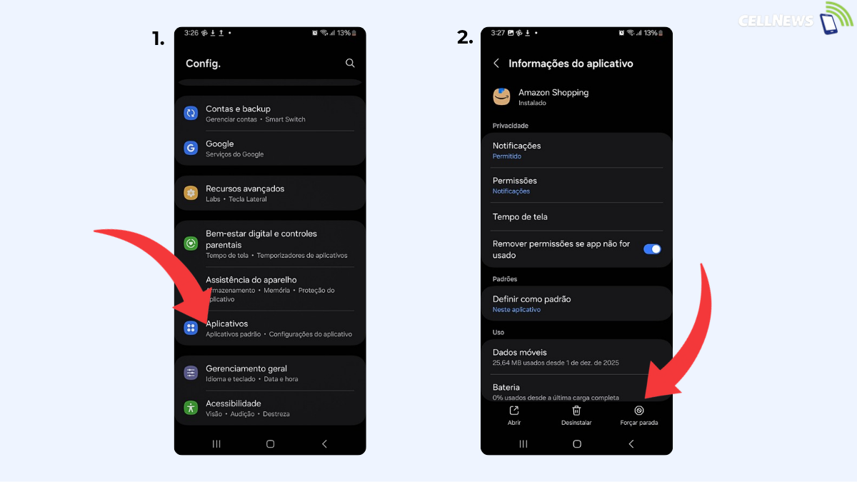 Tela de forçar parada em configurações