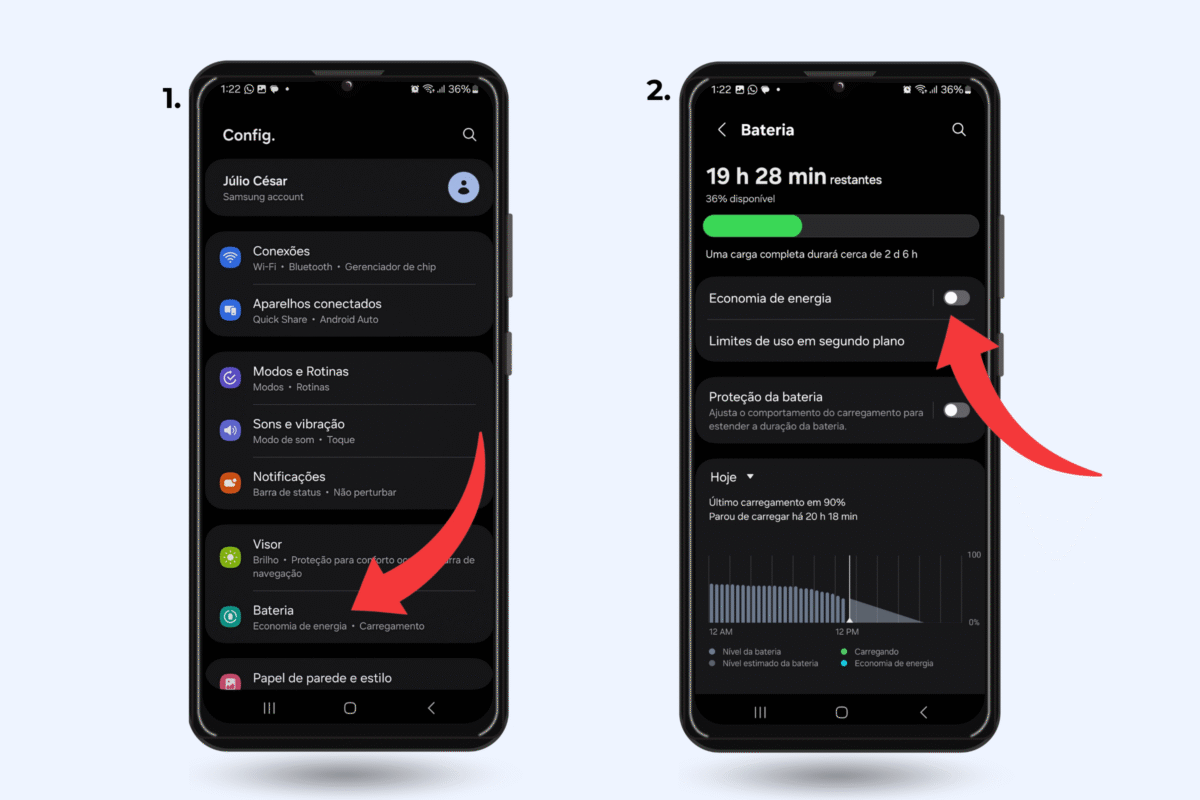 Tela de como colocar o modo economia de bateria